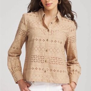 Chico’s Women’s Crocheted Eyelet Button Down Blouse, Tan, Poplin, Size 2 (US 12)